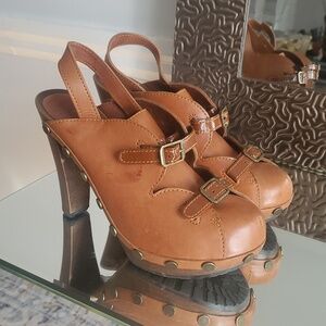 See By Chloe Leather Slingback Studded Clogs Mules Sandals Wooden Heels